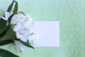 A branch of white alstroemeria flowers and a sheet of paper for notes on a light green background. Delicate floral arrangement. Royalty Free Stock Photo