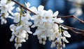 A branch of white wisteria flowers as a background.