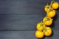 A branch of yellow cherry tomatoes isolated on the black wooden background with copy space for text Royalty Free Stock Photo