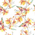 Branch of yellow orchid. Floral botanical flowers. Watercolor background illustration set. Seamless background pattern. Royalty Free Stock Photo