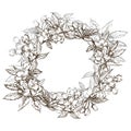 Branches of apple blossom. Floral wreath. Graphic round border.