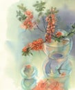 Branches of blooming quince still-life watercolor Royalty Free Stock Photo