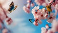 Branches of blossoming cherry on a background of blue sky and butterflies. Pink sakura flowers in springtime. AI Generated Royalty Free Stock Photo