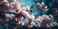 Branches blossoming cherry on background blue sky, fluttering butterflies in spring on nature outdoors.