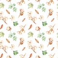 Watercolor seamless pattern with multidirectional branches, buds, flowers and cotton leaves on a white background