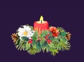 Branches of Christmas tree, candle, flowers, holly plant. Watercolor bouquet Royalty Free Stock Photo