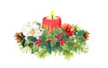 Branches of Christmas tree, candle, holly plant, flowers. Watercolor composition