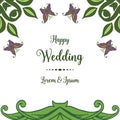 Branches green leaf, decoration butterfly, pattern ornate of card happy wedding. Vector