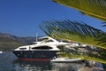 Branches of a green palm tree against a blue sky, a sea cove, boats and mountains