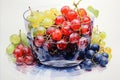 Branches of green, red and black grapes in a transparent vase on a white background