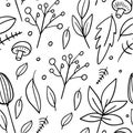 Branches and leaf line art monochrome seamless pattern. Royalty Free Stock Photo