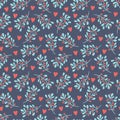 Branches with leaves and berries and hearts. Seamless simple pattern on dark background. For Valentine`s day or wedding