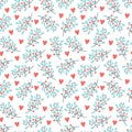 Branches with leaves and berries and hearts. Seamless simple pattern on white background. For Valentine`s day or wedding