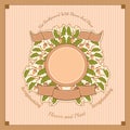 Branches of oak with leaves and acorns in the center under the round banner and ribbons Royalty Free Stock Photo