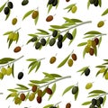 Branches with olives seamless pattern. Vitamin yellow oil and fruits for preservation sour vegetables for seasoning