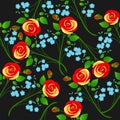 Branches of roses and flowers forget me not on black seamless pattern.