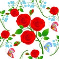 Branches of roses and flowers forget me not with butterflies seamless pattern.