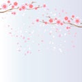 Branches of Sakura and petals flying isolated on light blue purple background. Apple-tree flowers. Cherry blossom. Vector EPS 10 Royalty Free Stock Photo