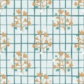 Branches Silhouettes Seamless Pattern. Orange Floral Elements On Blue Background With Check