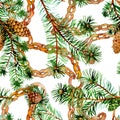 Branches of spruse and pine. Watercolor background illustration set. Seamless background pattern.