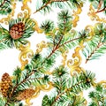 Branches of spruse and pine. Watercolor background illustration set. Seamless background pattern.