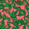 branches with striped leaves vector seamless pattern. A hedge of twigs on a pink background. Leaves with stripes and holes on