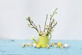 branches of a tree with white flowers in a vase of light green color, colored quail eggs on a light blue background Royalty Free Stock Photo