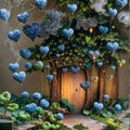 Between branches and trees in the enchanted forest where blue flowers float like magical hearts. Royalty Free Stock Photo