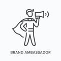 Brand ambassador flat line icon. Vector outline illustration of leadership, hero with megaphone. Influence thin linear