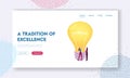 Brand Awareness, Recognition Landing Page Template. Tiny Female Characters Stand at Huge Glowing Light Bulb