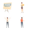 Brand building icons set cartoon vector. Business people building brand words Royalty Free Stock Photo