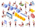 Brand building isometric icon set abstract situation with stuff and word brand searching information and create new things vector Royalty Free Stock Photo