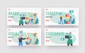 Brand Building Landing Page Template Set. Characters Work on Crane Create Corporate Identity, Company Development Royalty Free Stock Photo