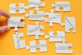 brand concept. puzzle pieces with inscriptions innovation, advertising, marketing, strategy, target, loyalty