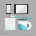 Brand identity company style template demonstrated on office supplies and stationery for businesses with watercolor splashes