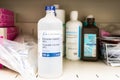 Brand name Galenova 99% pure vegetable glycerine glycerin, in a sealed bottle, on a shelf in a medical doctorÃ¢â¬â¢s office, for phys