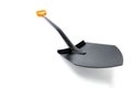 Brand new black metal spade or a shovel isolated over white background. Gardening equipment cut out studio shot.