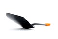 Brand new black metal spade or a shovel isolated over white background. Gardening equipment cut out studio shot.