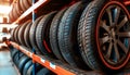 Brand new car tire placed on storage rack in warehouse, automotive industry concept Royalty Free Stock Photo