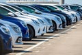 Brand new cars lined up in a parking lot Royalty Free Stock Photo