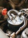 Brand new diesel filter on a car engine Royalty Free Stock Photo