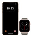 Brand new realistic mobile phone black smartphone in iphon style with smartwatch