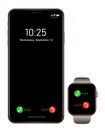 Brand new realistic mobile phone black smartphone in iphon style with smartwatch