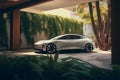 Brand new sedan parked in front of a house with lush green palm trees, AI-generated. Royalty Free Stock Photo