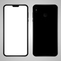 Brand new smartphone black color with blank screen isolated on white background vector mockup. Front and back view of modern Royalty Free Stock Photo