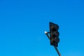 Brand new traffic signals with protective cover against blue sky Royalty Free Stock Photo