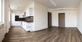 Brand new white kitchen with coffee oak floor and empty living room after complete reconstruction of the whole flat ready for