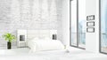 Brand new white loft bedroom minimal style interior design with copyspace wall and view out of window. 3D Rendering. Royalty Free Stock Photo