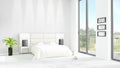 Brand new white loft bedroom minimal style interior design with copyspace wall and view out of window. 3D Rendering. Royalty Free Stock Photo