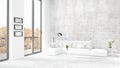 Brand new white loft bedroom minimal style interior design with copyspace wall and view out of window. 3D Rendering. Royalty Free Stock Photo